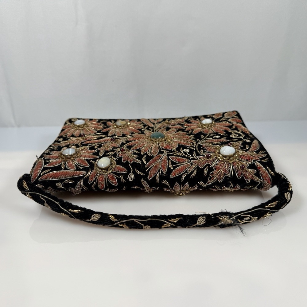 Vintage Evening Handbag Floral Embroidered & Gemstones Clutch Purse FLAW - Picture 12 of 16